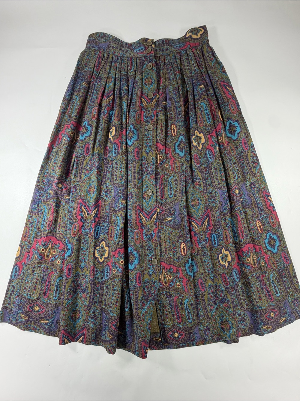 Vintage Giorgio SantAngelo Paisley Pleated Midi Skirt 8 Button Front Boho Rayon